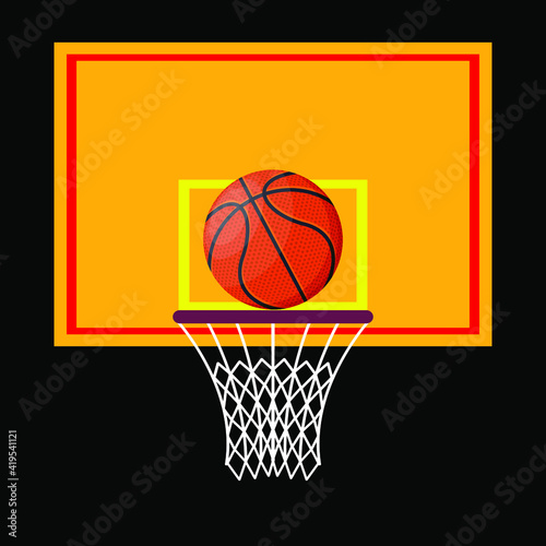 Basketball ball and backboard on black background, vector illustration