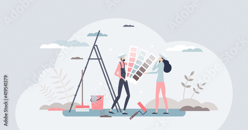 Home renovation as DIY with wall painting color choice tiny person concept