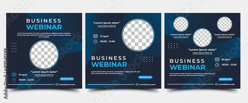 Set of Webinar Social Media post template. Modern banner with abstract gradient blue background. Vector design with place for the photo. Suitable for social media post, banners, and web internet ads. photo