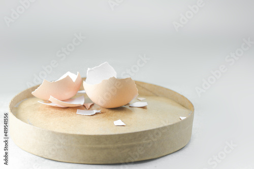 The cracked eggshell was laid out on a brown paper plate. photo