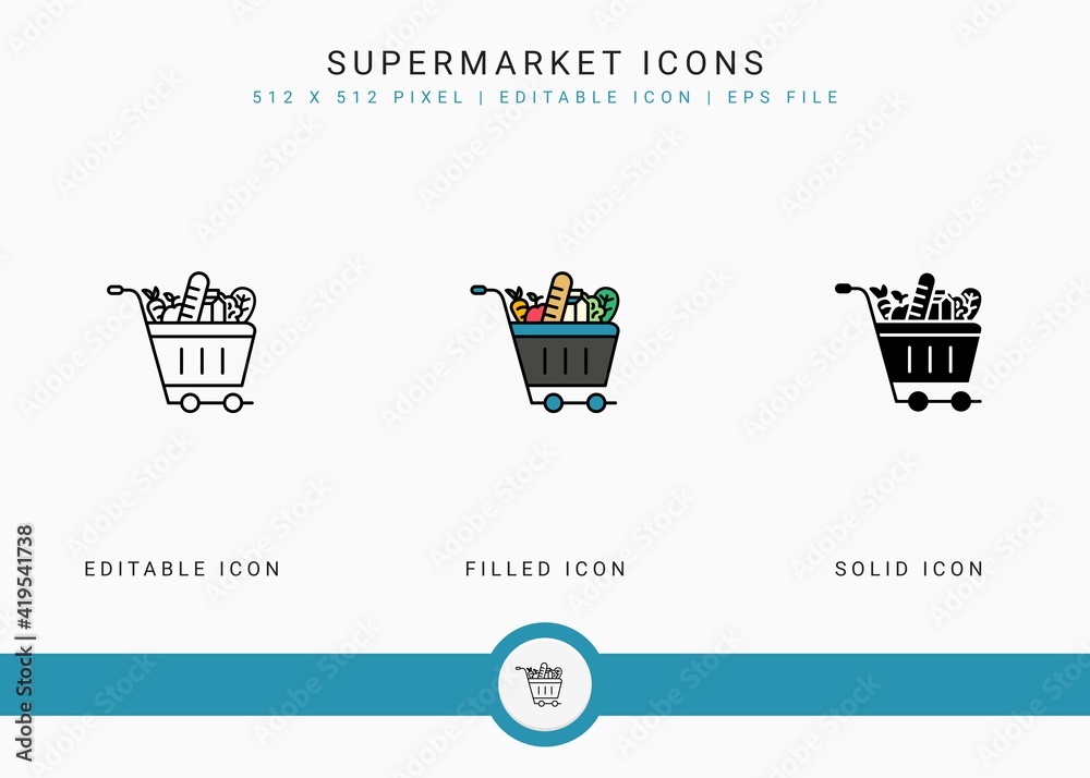 Supermarket icons set vector illustration with solid icon line style. Online store retail concept. Editable stroke icon on isolated background for web design, user interface, and mobile app Supermarket icons set vector illustration with solid icon line style. Online store retail concept. Editable stroke icon on isolated background for web design, user interface, and mobile app
