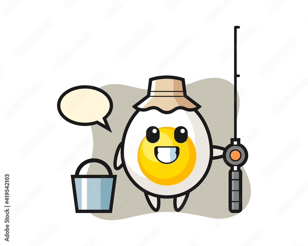 Mascot character of boiled egg as a fisherman
