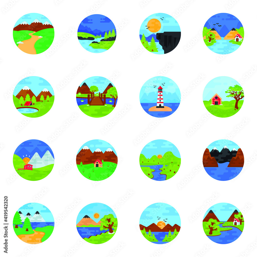 Set of Scenic Views in Flat Rounded Icons
Set of Scenic Views in Flat Rounded Icons