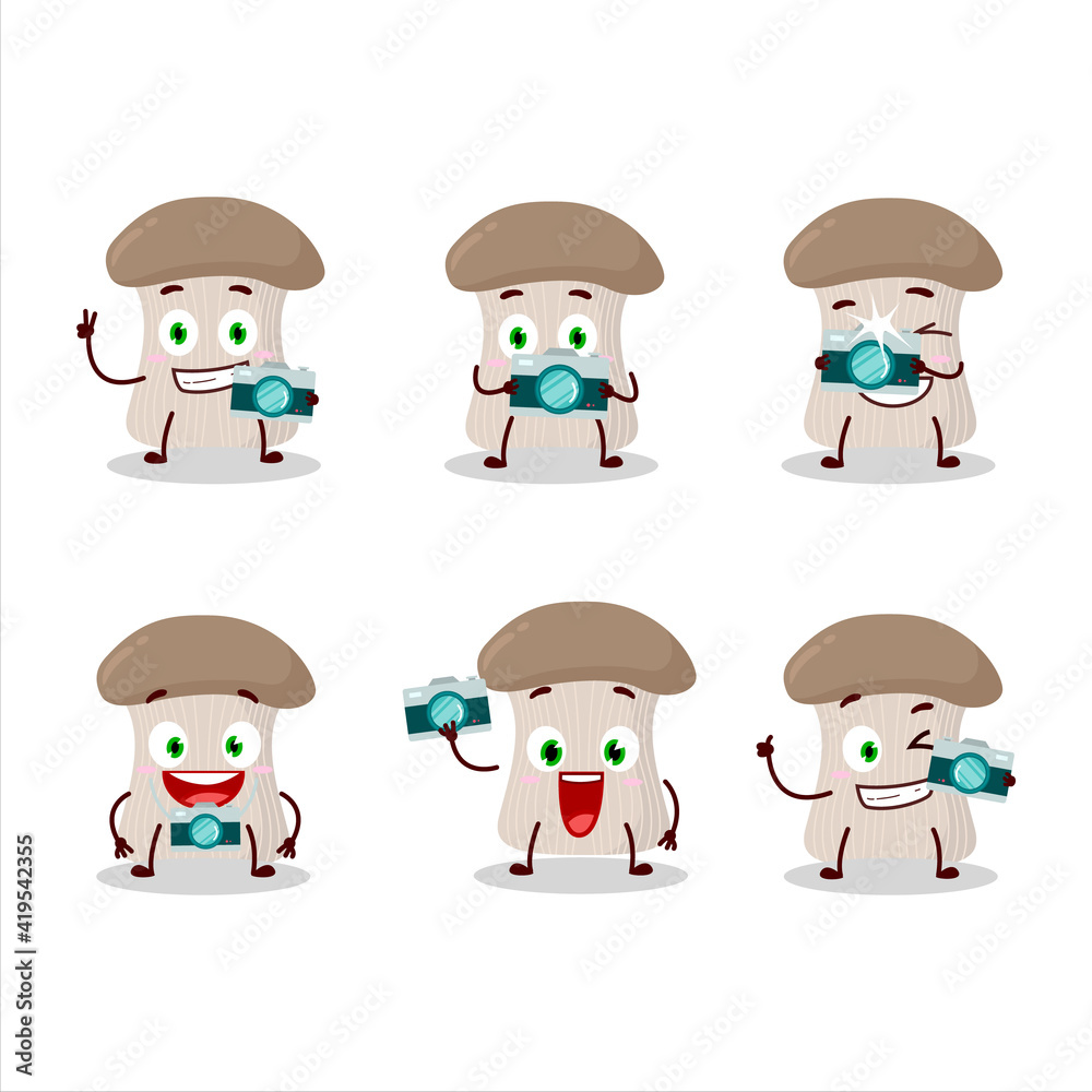Photographer profession emoticon with oyster mushroom cartoon character Photographer profession emoticon with oyster mushroom cartoon character