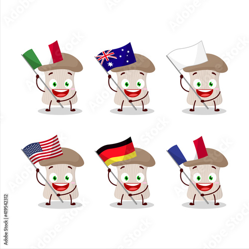Oyster mushroom cartoon character bring the flags of various countries