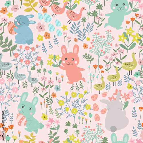 Cute bunny and chicken with flower for easter seamless pattern.