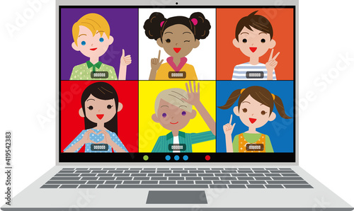 子どもたちのノートパソコンでのリモート会話.　ベクター素材