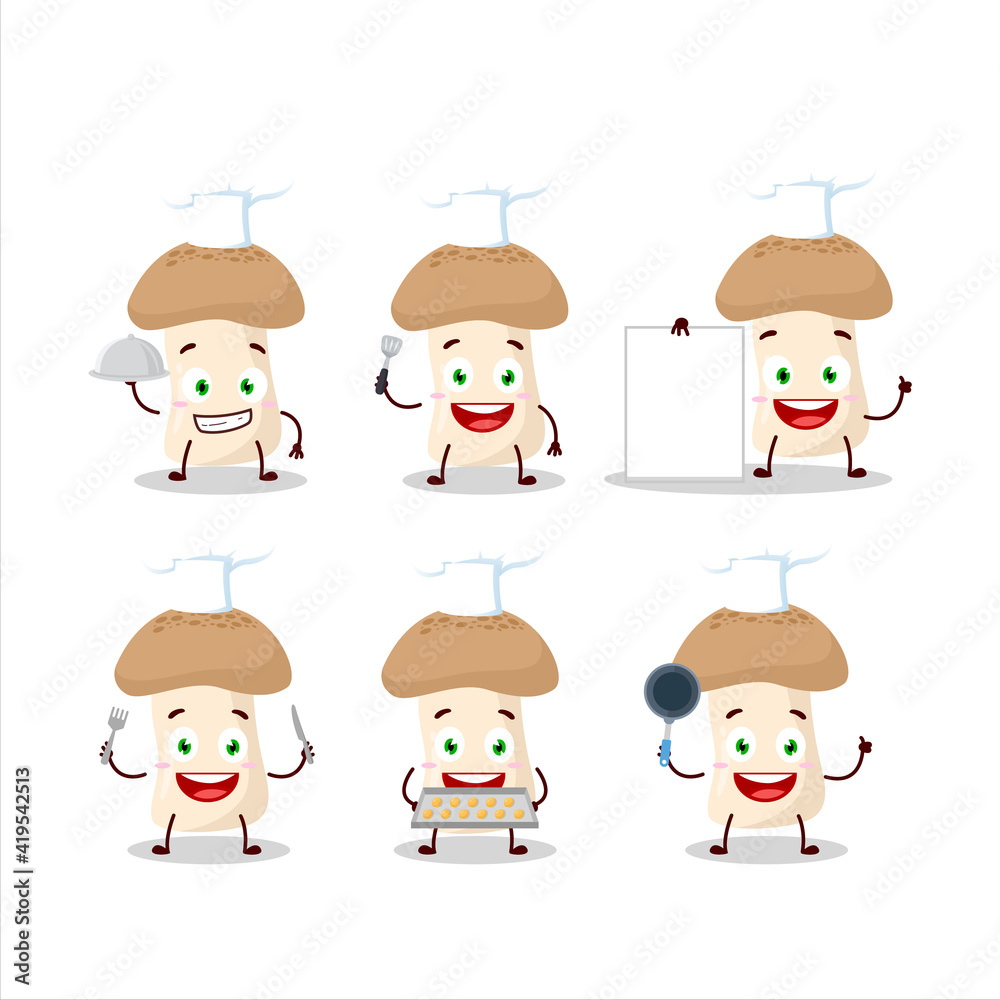 Cartoon character of shimeji mushroom with various chef emoticons Cartoon character of shimeji mushroom with various chef emoticons