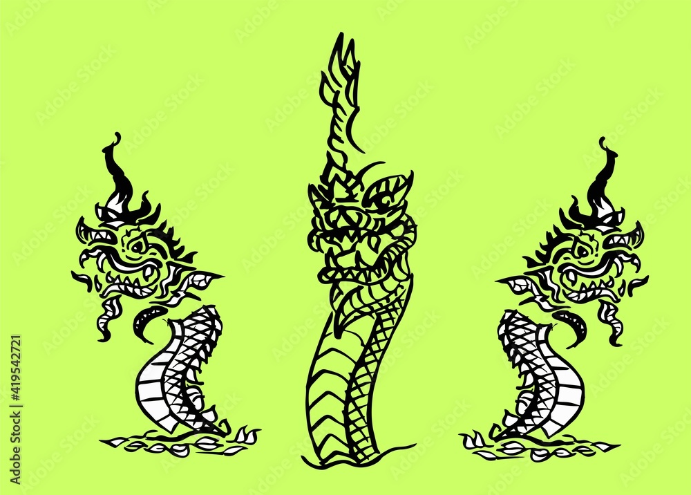 The Naga is drawn in ink and brush style. - obrazy, fototapety, plakaty 