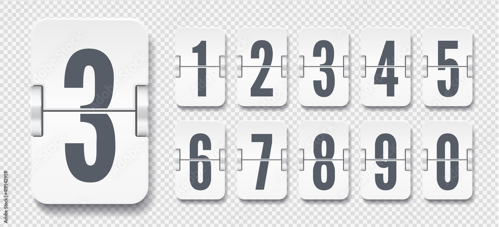 White set of flip numbers on a mechanical scoreboard with shadows isolated on transparent background. Vector template for your design. White set of flip numbers on a mechanical scoreboard with shadows isolated on transparent background. Vector template for your design.