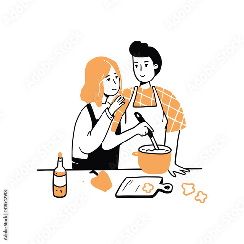 Hand drawn young man and woman cooking together in the kitchen. Cartoon smiling character with apron. Doodle sketch style illustration. Concept of romantic couple, family prepare lifestyle cooking.
