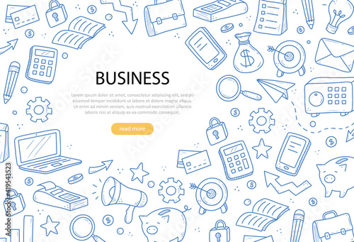 Hand drawn banner of business and finance elements, coin, calculator, piggy, money. Doodle sketch style. Business element drawn by digital pen. Illustration for banner, flyer, frame design template.