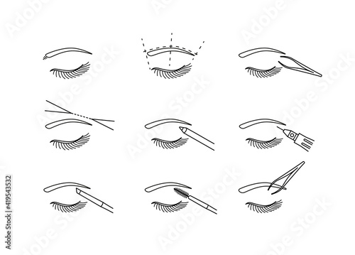 Eyebrow care and correction thin line icon. Elements of beauty and cosmetics illustration. Eyebrow care instruments: pencil, tattoo pen, brushes, tweezers, thread. 