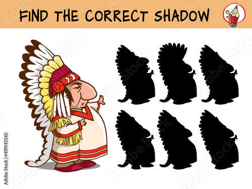 Indian chief in feather headdress. Find the correct shadow. Educational matching game for children. Cartoon vector illustration