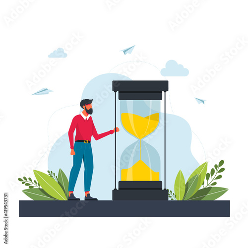 Hurrying man and stopwatch. Concept of time management, effective planning for productive work, stressful task, deadline, countdown. Modern flat colorful vector illustration for poster, banner.