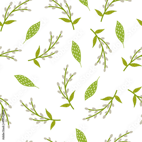 Pussy willow and leaves spring vector seamless pattern on white background. Vector illustration in a flat style.