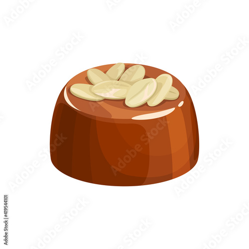 Chocolate candy sweet dessert confection, vector isolated icon. Chocolate candy comfit of milk chocolate with nuts topping, confectionery dessert sweets