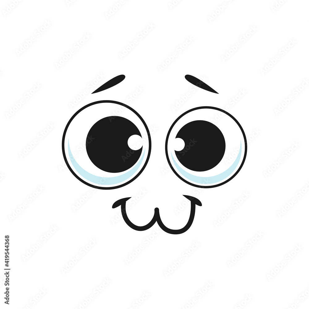 Uncertain emoticon face with curved closed mouth isolated kind emoji icon. Vector puzzled or confused emoticon with big eyes. Astonished smiley gesture, oops facial expression, social network emoji Uncertain emoticon face with curved closed mouth isolated kind emoji icon. Vector puzzled or confused emoticon with big eyes. Astonished smiley gesture, oops facial expression, social network emoji