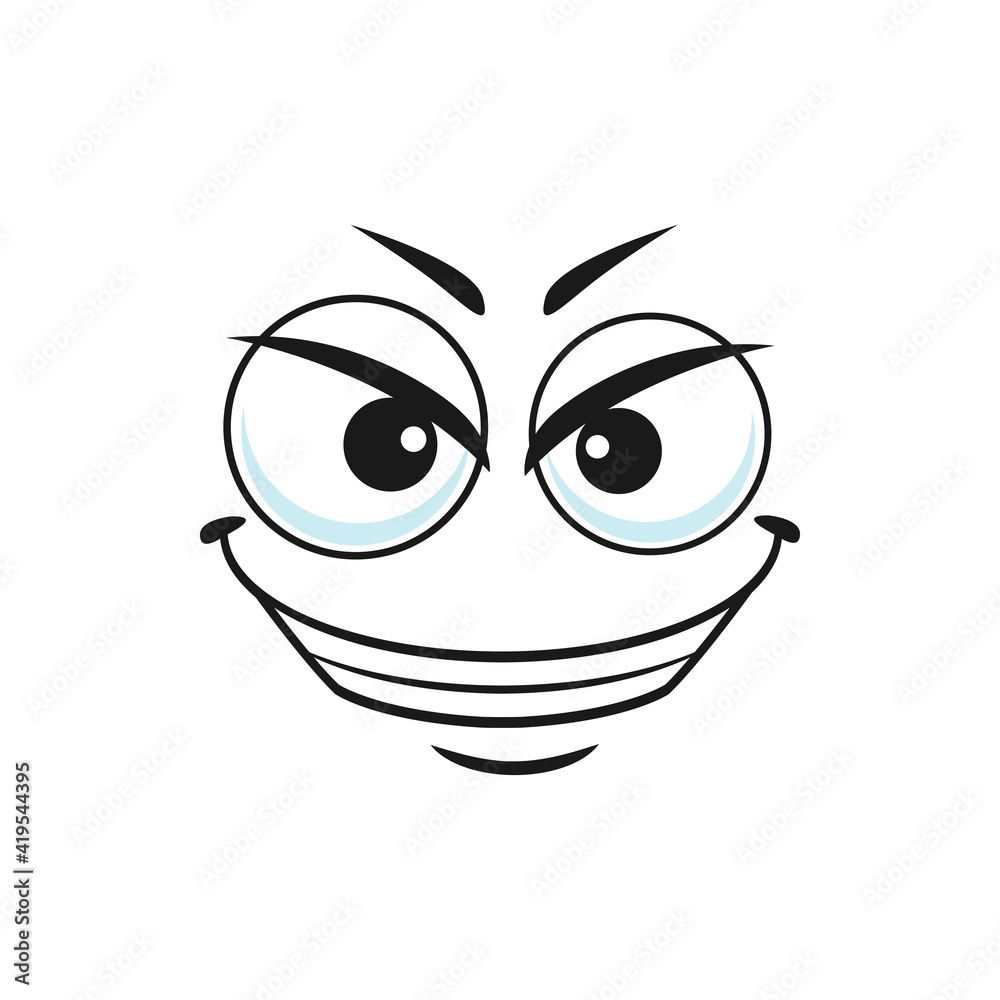 Suspicious emoticon with derisive face isolated icon. Vector satirical emoji with big eyes and smile, scornful and quizzical smiley line art. Disbelief emoticon expression, distrusted doubtful emoji Suspicious emoticon with derisive face isolated icon. Vector satirical emoji with big eyes and smile, scornful and quizzical smiley line art. Disbelief emoticon expression, distrusted doubtful emoji