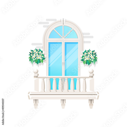 Balcony with house window, vintage classic facade banister of building, vector flat icon. Modern balcony exterior front with window glass door, white marble stone railing and terrace flowers