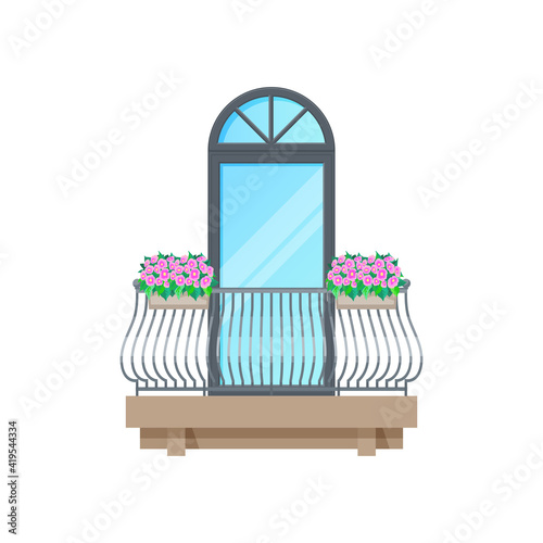 Balcony window with classic fence or old railing, vector vintage building architecture. House balcony facade with banister, flat modern exterior with balcony of iron wrought lattice, apartment terrace
