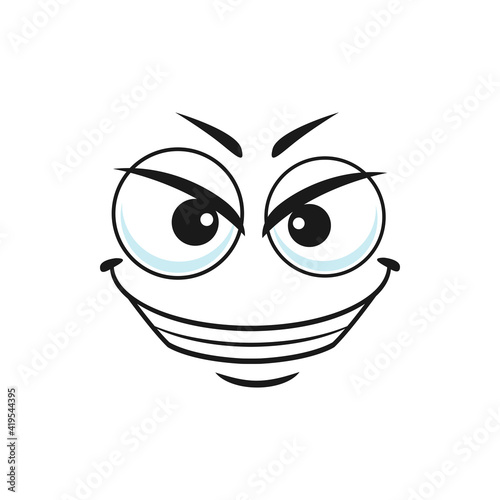 Suspicious emoticon with derisive face isolated icon. Vector satirical emoji with big eyes and smile, scornful and quizzical smiley line art. Disbelief emoticon expression, distrusted doubtful emoji