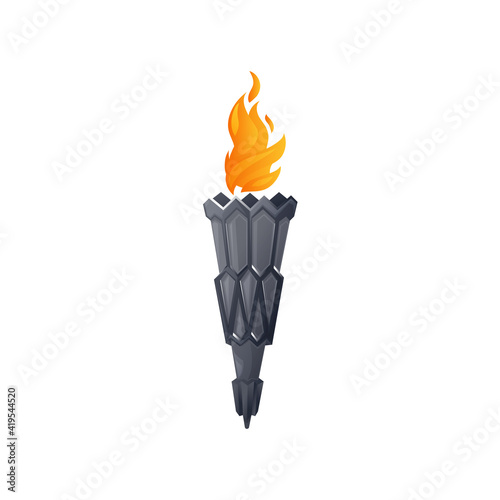 Torch fire flame, Medieval burning lantern, vector icon. Torch in stone pipe stick, fire lantern or burning flambeau and torchlight, ancient lamp and victory and power game symbol
