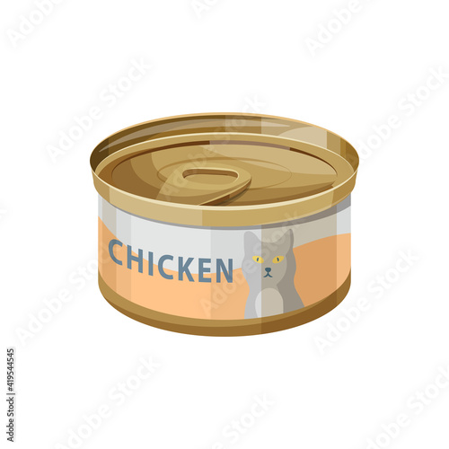 Cat food, wet canned chicken meat in jelly, vector flat icon. Cat eating dish or treat and nutrition meal wet food in can, pets care and feeding preserves item