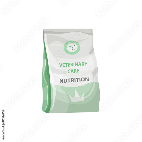 Cats dry food, pets veterinary nutrition meals, vector pack bag. Domestic animals health and cats care nutrition food or vet dietary supplement and treats, pets feeding and health