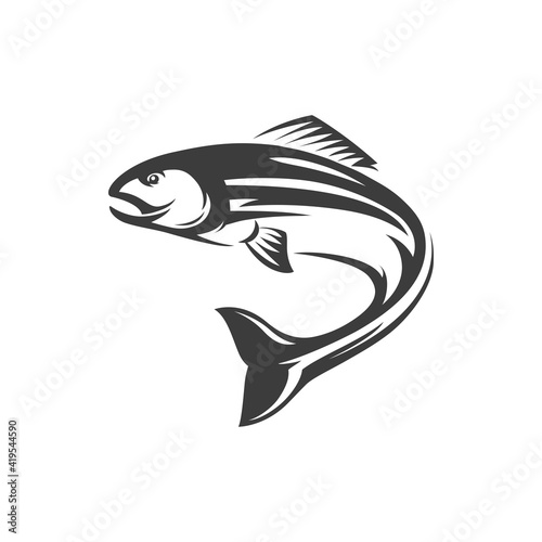 Atlantic salmon ray-finned fish isolated monochrome icon. Vector salmon freshwater fish, seafood, marine food, fishery sport mascot. Grayling whitefish fishing trophy, underwater animal, trout, char