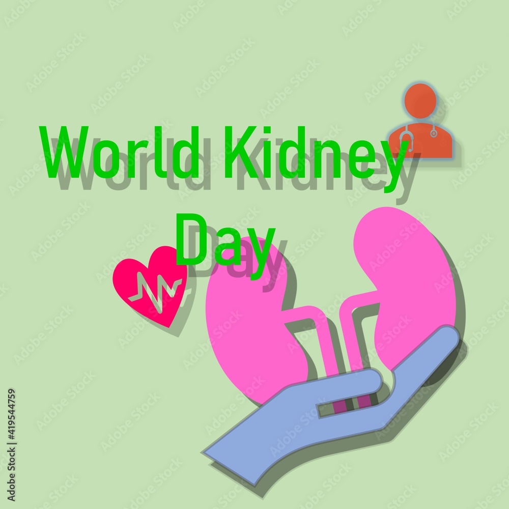 Obraz premium The illustration shows a picture of doctor, kidney and heart condition. There is a word that is World Kidney Day.