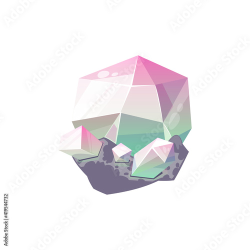 Violet amethyst, purple gem stone isolated crystal icon. Vector precious diamond crystal, jewelry decoration, sapphire carat gemstone. Quartz, elegant mauve agate, lilac glittering mineral, purple gem
