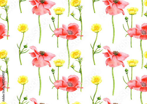 seamless pattern with watercolor drawing red poppy flowers