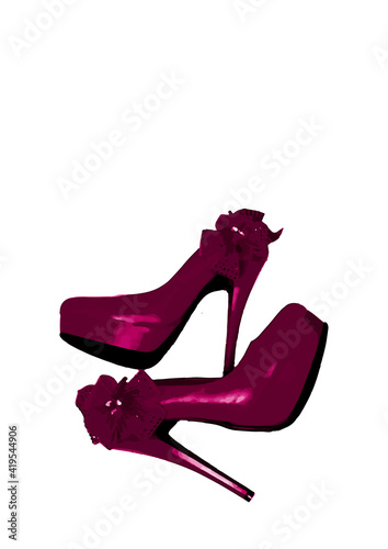 Dressed shoes on the platform with a bow on a high thin heel. Shoes. Purple