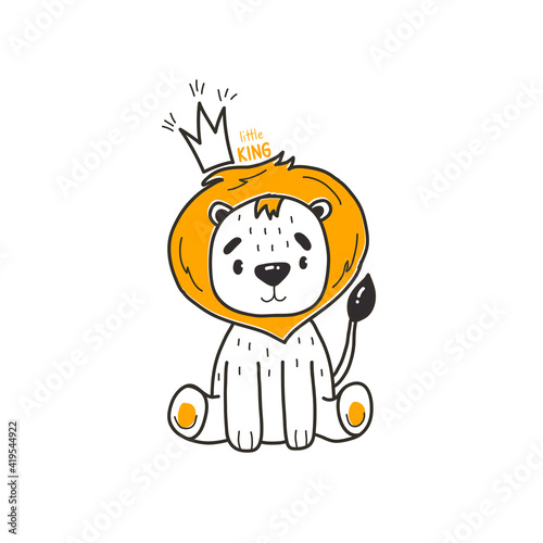 Cute illustration with little lion cub, a crown and the phrase little king, vector print for kids t-shirt and wear, baby room, greeting card. Hand drawn nursery.
