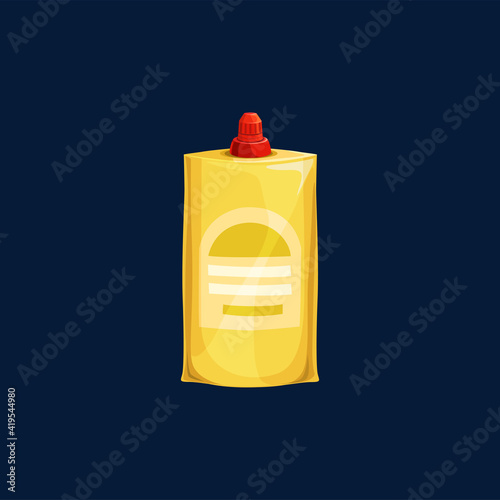 Plastic pouch with sauce dressing, ketchup, mayonnaise or mustard, stand up bag with cover isolated. Vector doy-pack, spouted pouch mockup with sauce or baby food, condensed milk packaging