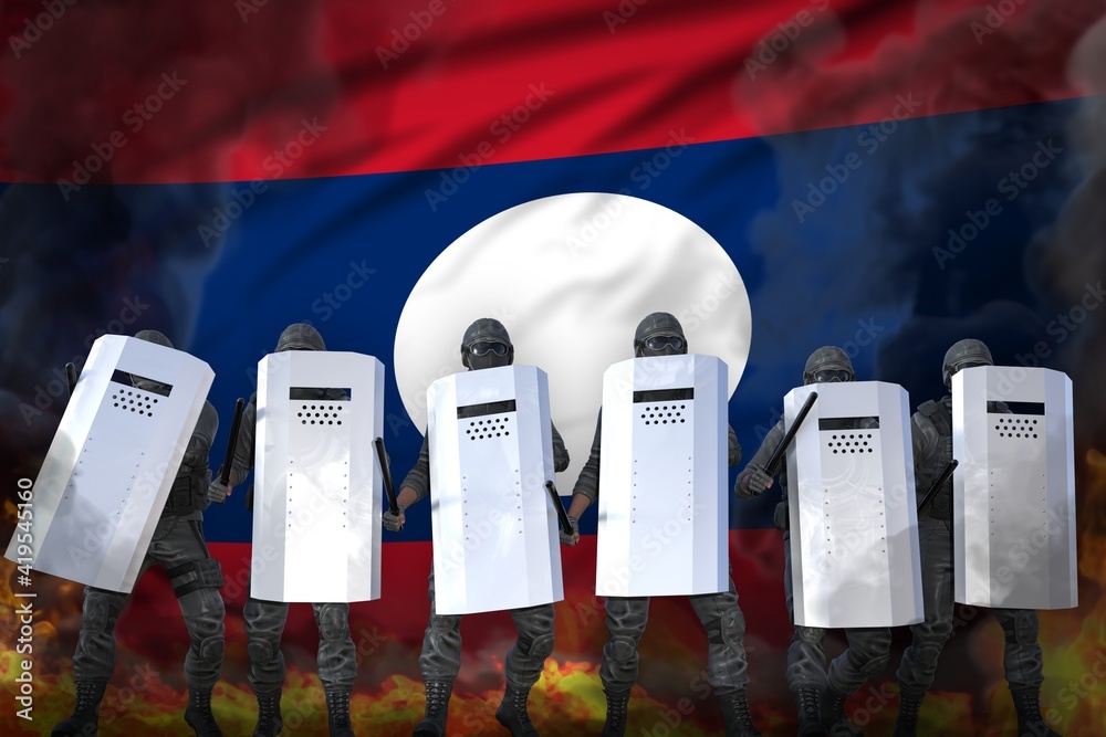 custom made wallpaper toronto digitalLao People Democratic Republic protest stopping concept, police special forces protecting peaceful people against demonstration - military 3D Illustration on flag background