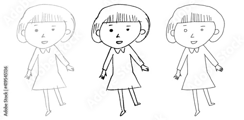立ってこちらを見る女の子のイラスト。鉛筆線、ミリペンの線。