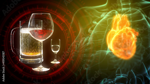 human heart disease of wine and drinks, cg healthcare 3d illustration