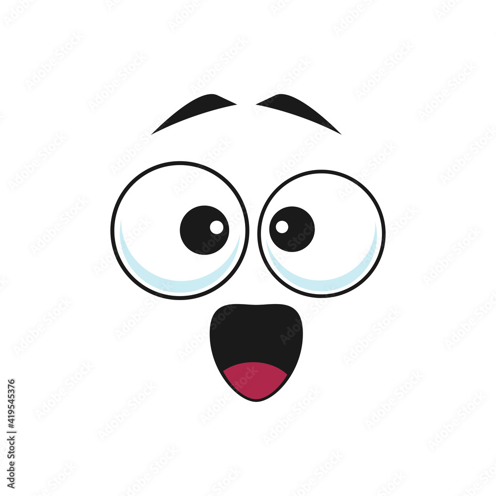 Happy cartoon face vector icon, surprised fascinated emoji, wow facial expression with open mouth and wide goggle eyes. Positive feelings, happiness isolated on white background Stock Vector | Adobe Stock Happy cartoon face vector icon, surprised fascinated emoji, wow facial expression with open mouth and wide goggle eyes. Positive feelings, happiness isolated on white background Stock Vector | Adobe Stock