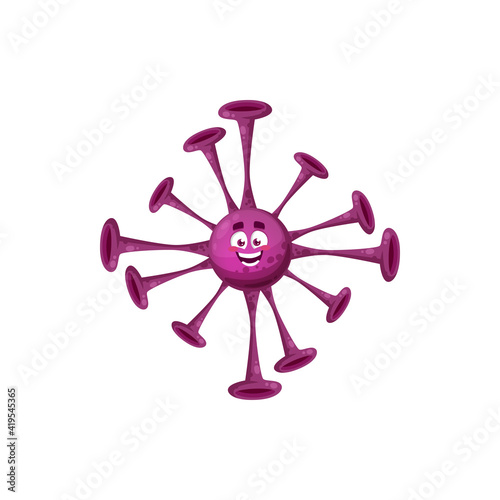 Virus with sucker spikes isolated biohazard epidemic infection sign. Vector pandemic bacteria, purple germ cell in comic cartoon style, microbe mutants with eyes and mouth, coronavirus pandemic germ
