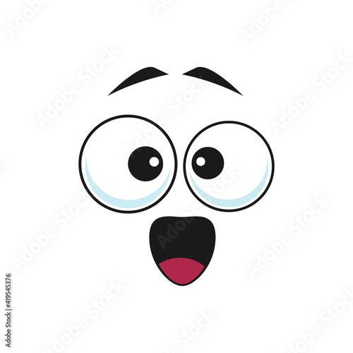 Happy cartoon face vector icon, surprised fascinated emoji, wow facial expression with open mouth and wide goggle eyes. Positive feelings, happiness isolated on white background