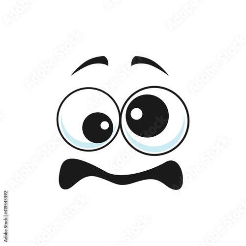 Cartoon face, confused emoji, odd vector facial expression with different size goggle eyes and open tremble mouth. Worry character negative feelings isolated on white background