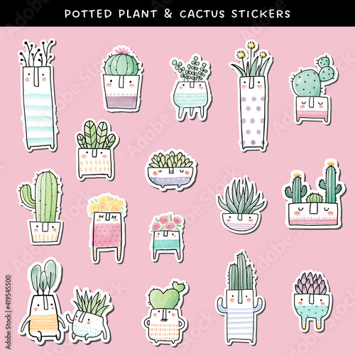 Collection of cute potted cactus and plant stickers. Watercolor potted plants in whimsical and loose style. photo