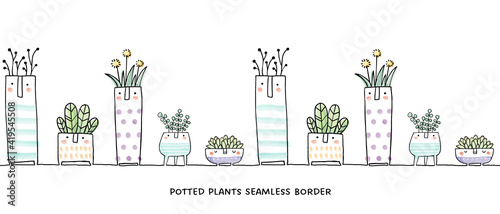 Seamless border with hand drawn potted plants. Watercolor illustrations of cute and funny flower pots on white background.