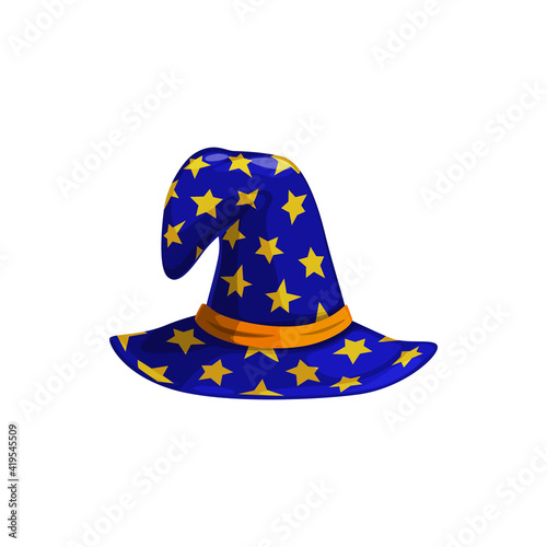 Cartoon astrologer or witch hat vector icon, blue magician headwear with yellow stars and hatband. Halloween costume, wizard cap isolated on white background