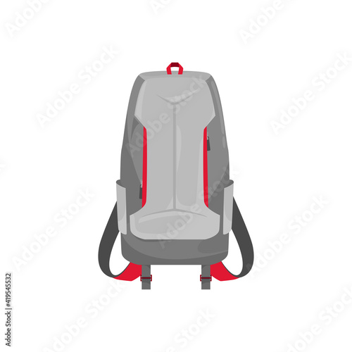 Kids schoolbag isolated vector icon, cartoon rucksack of grey color with red stripes. Student or hiking backpack, touristic knapsack or school bag on white background