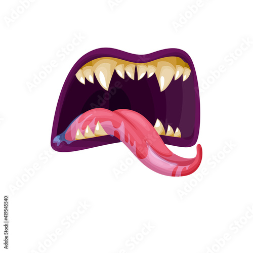 Vampire or monster mouth with fangs vector icon. Open scary jaws with long pointed teeth and gooey saliva dripping from tongue. Cartoon maw roar or yell isolated on white background photo