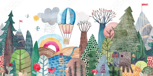 Obraz Travel in a hot air balloon over the lake, fields, forests and mountains. Cute landscape with a lake, trees and mountains. Repeating watercolor pattern. Horizontal banner.