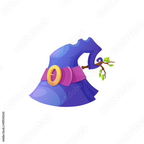 Cartoon witch hat vector icon, violet magician headwear with gold round buckle, purple hatband and tree branch with green leaves. Halloween wizard cap isolated on white background